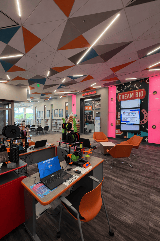 Modern local library interior with integrated architectural lighting